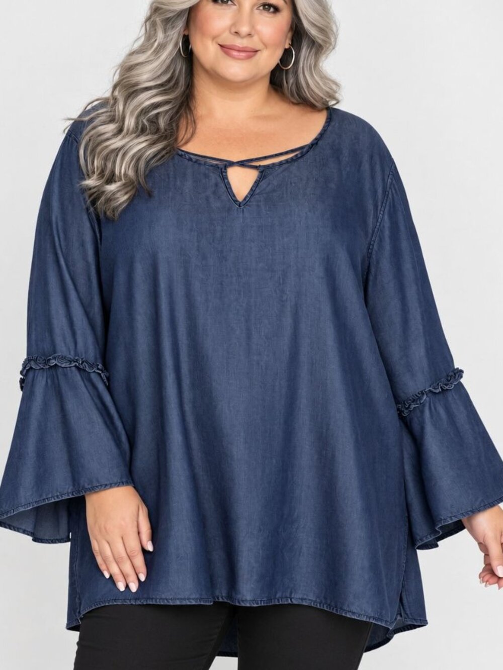 Womens Blue Chambray Tunic Top Bell Sleeve Cut Out Neck Plus Size 26W 28W